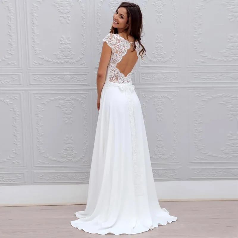 Bohemian White Wedding Dress Lace Chiffon Open Back With Cap Sleeves Sheer Neck Sweep Train Beach Bridal Wedding Gowns