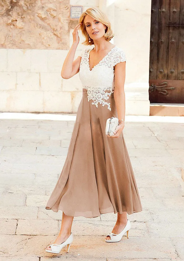 Hot Sale Tea Length Lace Mother Of The Bride Dresses Appliqued V Neck Wedding Guest Dress Chiffon A Line Plus Size Evening Gowns