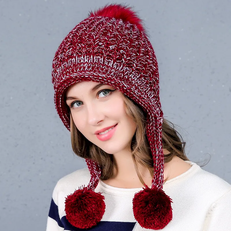 Winter Knitted Cap Hat for Women Wool Blends Soft Warm Skull Caps with Earflaps Lovely Ladies Beanies Gorro with Velvet GH-2542601