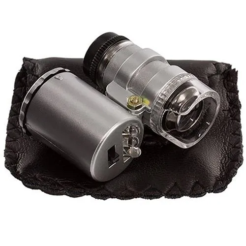 Microscópio 60X Joalheiro Lupa Lupa Lupa 60 X Mini Lupas de Bolso Microscópios com Luz LED + bolsa de couro 2018 vendas Quentes