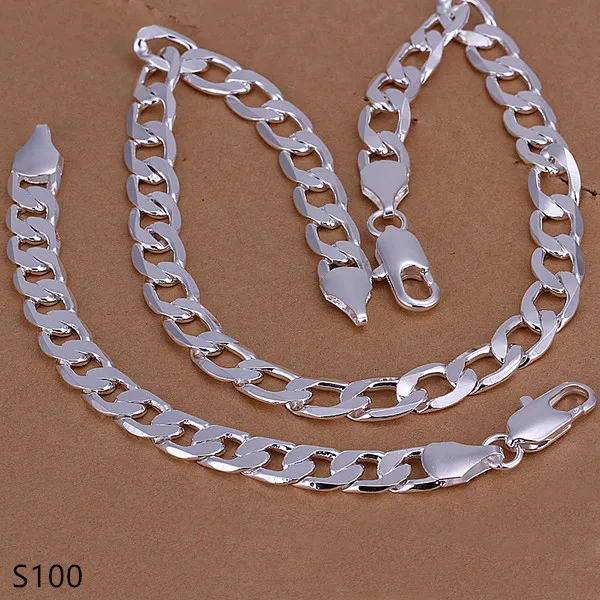 Conjuntos de joyas de placa de plata esterlina muy pesados ​​de 12 mm Fashion 925 Silver Collar Splacelet Jewelry Juego