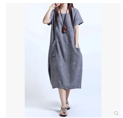 Wholesale Women Dresses Casual Women Cotton Linen Short Sleeve Long Loose Maxi Dress Sundress Clothes 
