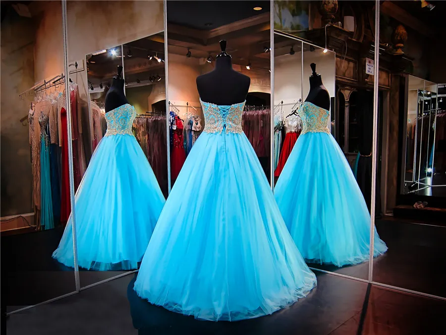 Turquoise Strapless Sweetheart Ball Gown Prom Dress Tulle Pageant Dress Gold Lace Applique Plus Size Evening Gown
