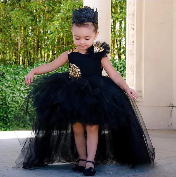 Cute Black Hi Lo Girls Pageant Dresses with Sequin Appliques Fluffy Skirts First Communion Gowns Custom Made Ball Gown Flower Girls Dresses