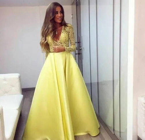 Elegant Yellow Dubai Abaya Long Sleeves Evening Gowns Plunging V neck Lace Dresses Evening Wear Zuhair Murad Prom Party Dresses BA3130