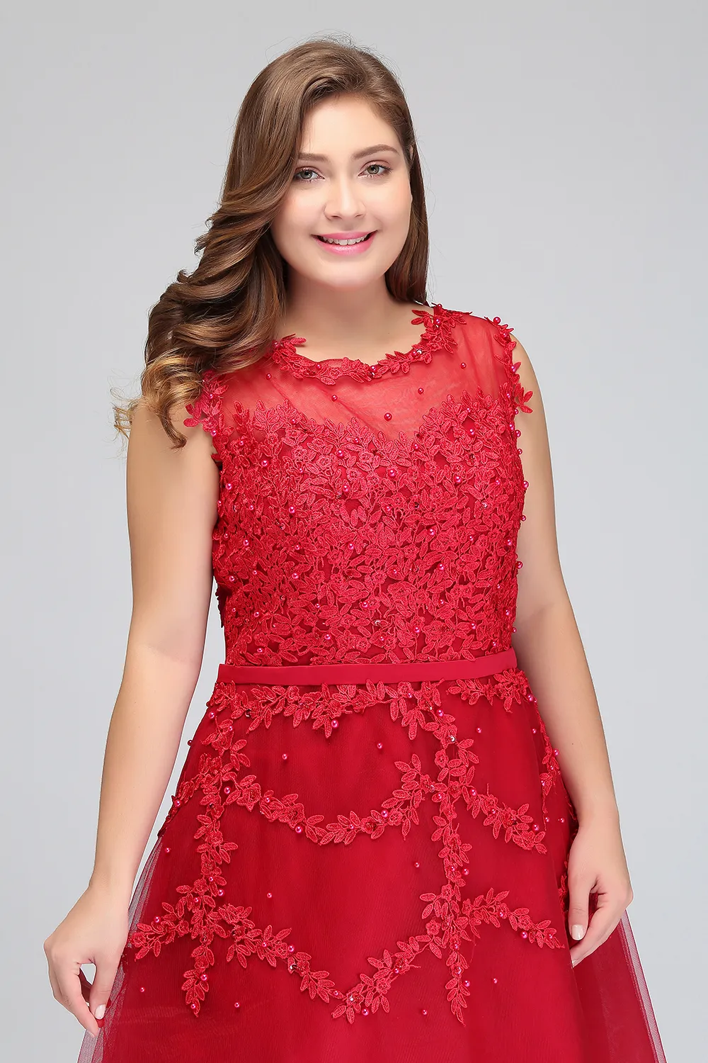 Real Image Plus Size Red Lace Short Cocktail Dresses Tulle Lace Beaded Knee Length A Line Formal Party Evening Dresses CPS298