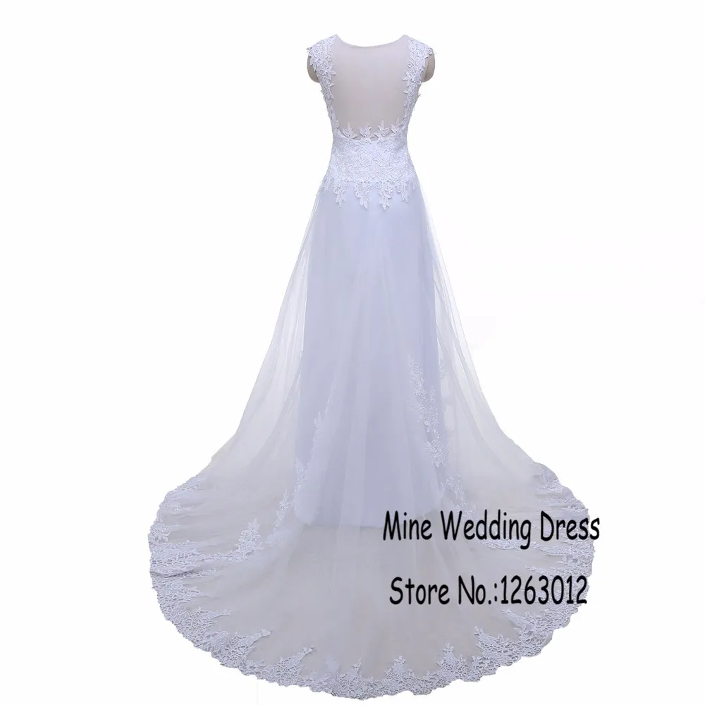 Ready To Ship Cap Sleeve Sweep Train Tulle Wedding Dress See Though Back Applique Lace Bridal Dresses Sexy Vestido De Noiva