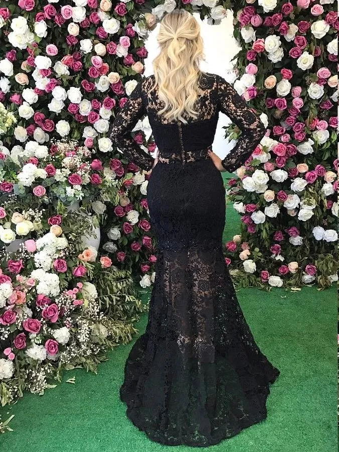 Gorgeous Black Mermaid Lace Prom Dresses With Detachable Skirt Long Sleeves Evening Gowns Sheer Neck Vestidos De Fiesta Beaded Formal Dress