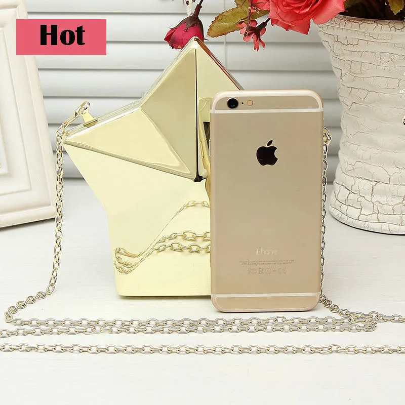 New Fashion Women Shinning Handbags Mini Cool Shoulder Bags Ladies Diamond Alloy Day Clutch Bags Five Star Shape Metal Purse - WJX297J