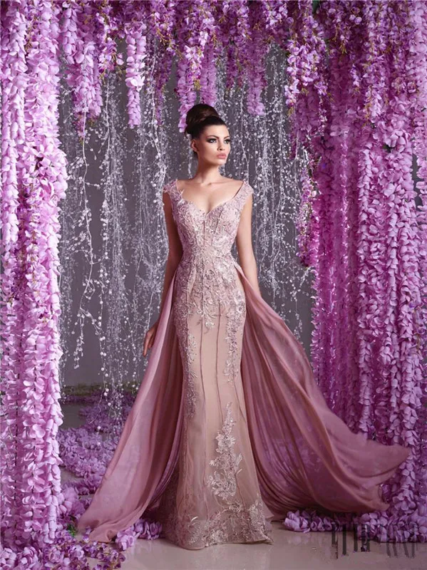 Toumajean Couture Blush Floral Chiffon Overkirt Abendkleider V-Ausschnitt Perlen Prom Kleider Bodenlangen Appliques Abendkleid
