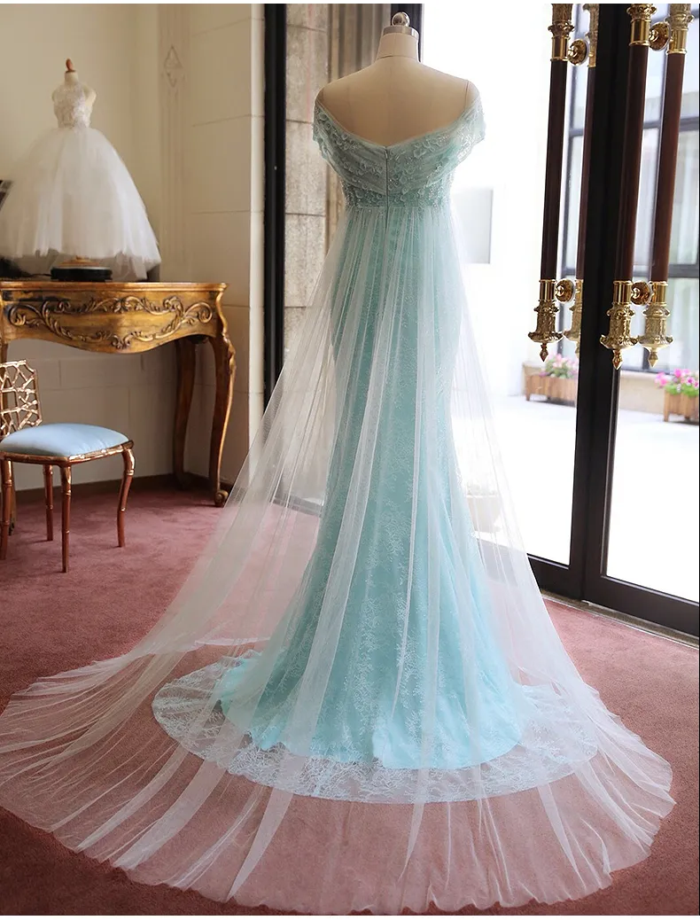 Light Blue Off Shoulder Prom Dresses Soft Tulle Cover Lace Applique Beads Evening Gowns Sexy Backless Sweep Train Formal Party Dresses