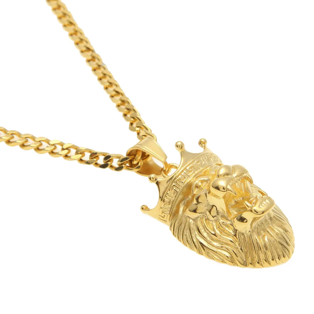 Collana con ciondolo corona micro re leone 5mm 70cm Collana con catena Cuba placcata oro in acciaio inossidabile da uomo Gioielli Hip Hop281Y
