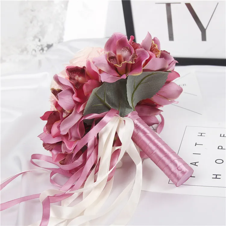 Hand Made Top Quality Beautiful Purple Pink Color Bridal Bridesmaid Flower Wedding Bouquet Artificial Flower Rose Bridal Bouquets