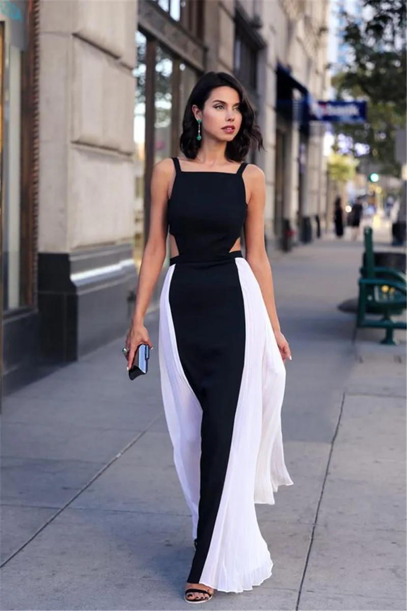 Siyah ve Beyaz Gelinlik Modelleri A Hattı Spagetti Backless Kat Uzunluk Şifon Elbiseler Akşam Aşınma Custom Made