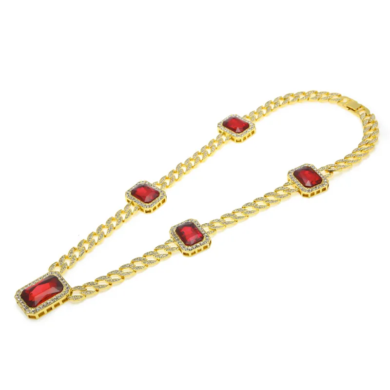 Exagerado Pesado Extra-grosso MIAMI CUBAN LINK Red Gemstone Pingente Long Chains Colar Homens Trendy Hip Hop Diamante Joyas 76cm G2505