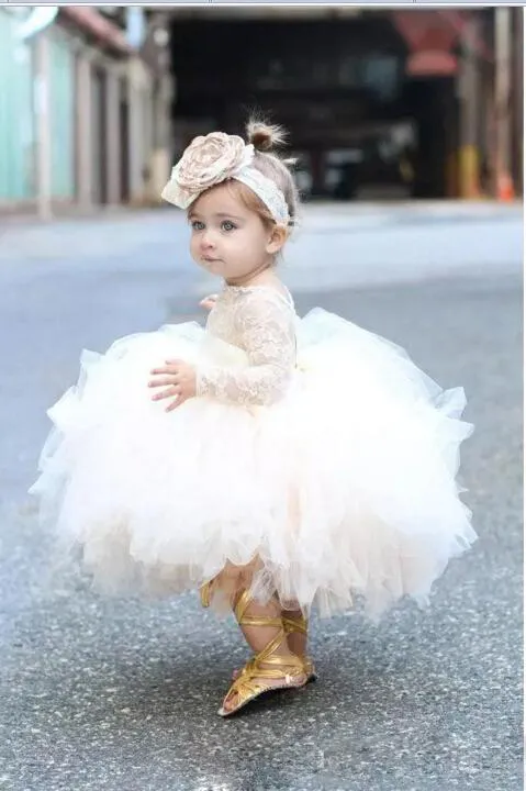 Lovely Baby Infant Toddler Baptism Clothes Flower Girl Dresses With Long Sleeves Lace Tutu Ball Gowns Party Dresses