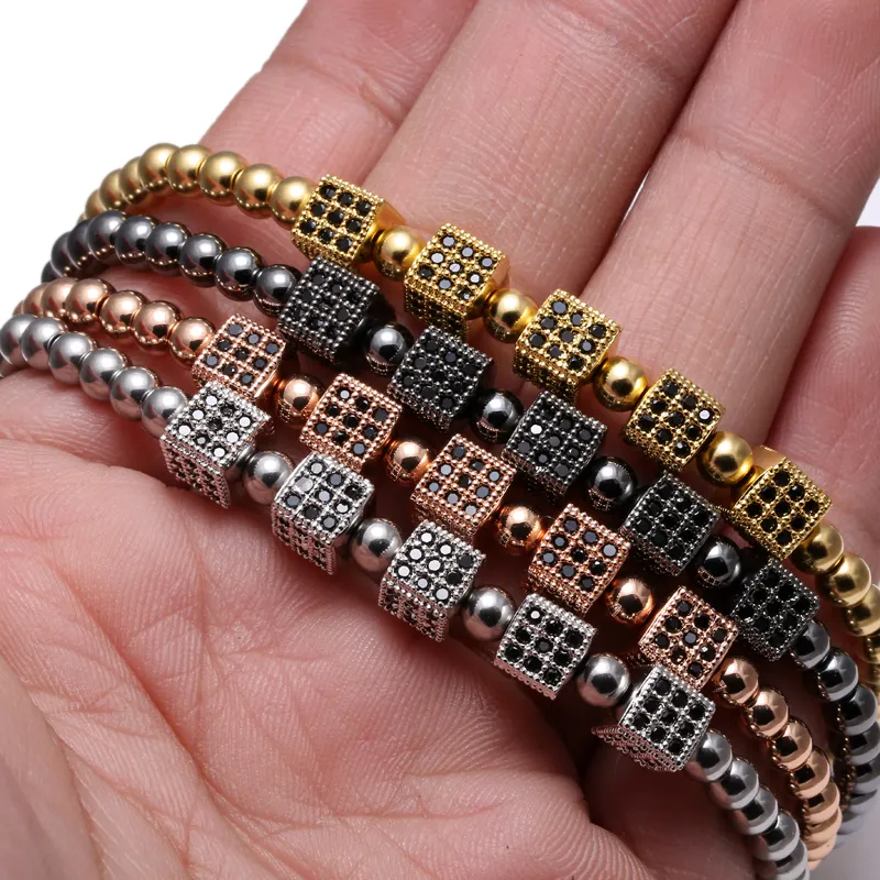 Fashion Strands Bracelets Men Square DIY color Black CZ pave setting accounts of macrame Braid Steel Bracelet for Men's Jewelry Gift Valentine's Day Holiday Christmas