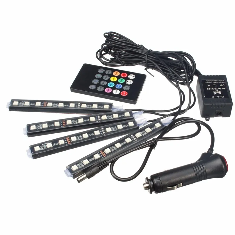 RGB 36 LED Car Charge 12V 10W Glow Interior Decorative 4in1 Atmosphere Blue Inside Foot Light Lamp Remote Music Control218g