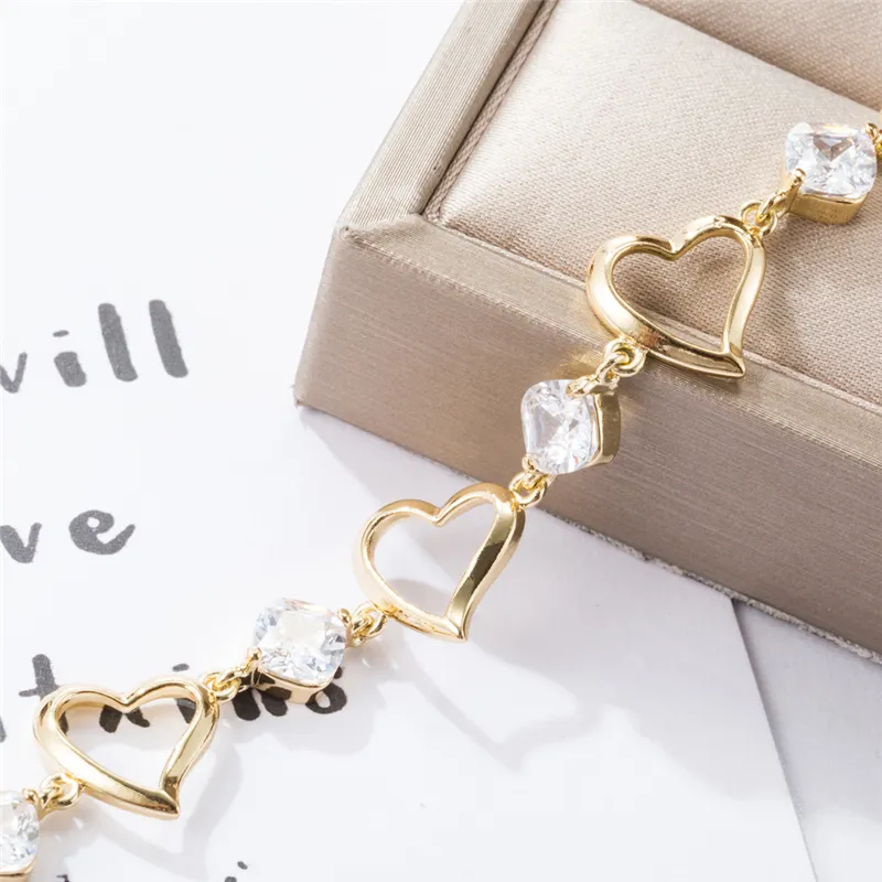 Charming Summer Beach Foot Chain Yellow Gold Plated CZ Hearts Anklet Link for Girls Women
