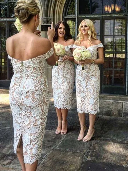 Cheap Lace Tea Length Country Bridesmaids Dresses Off The Shoulder Sheath Wedding Guest Dress Sleeveless Short Maid Of Honor Gowns