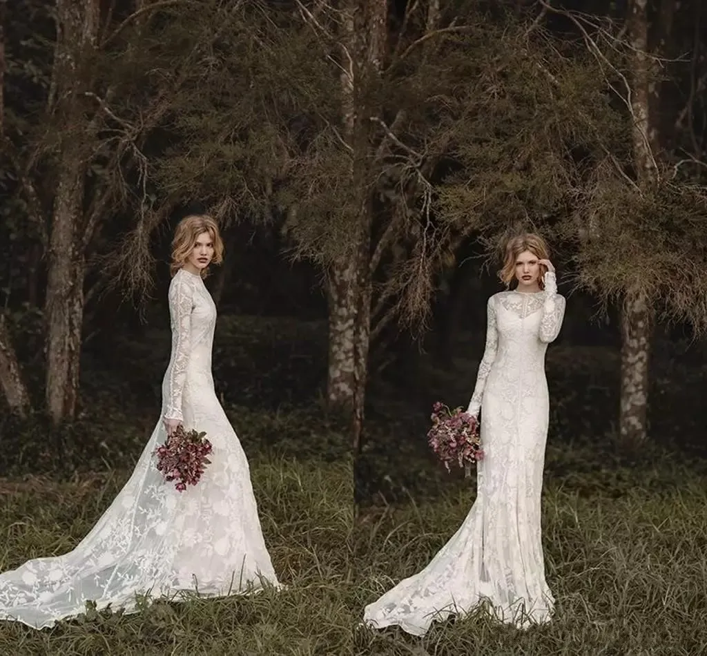 Elegant Lace Bohemian Long Sleeve Wedding Dresses 2020 Sheer Neck Full Back Floor-length A-line Country Bridal Dresses Cheap Gown