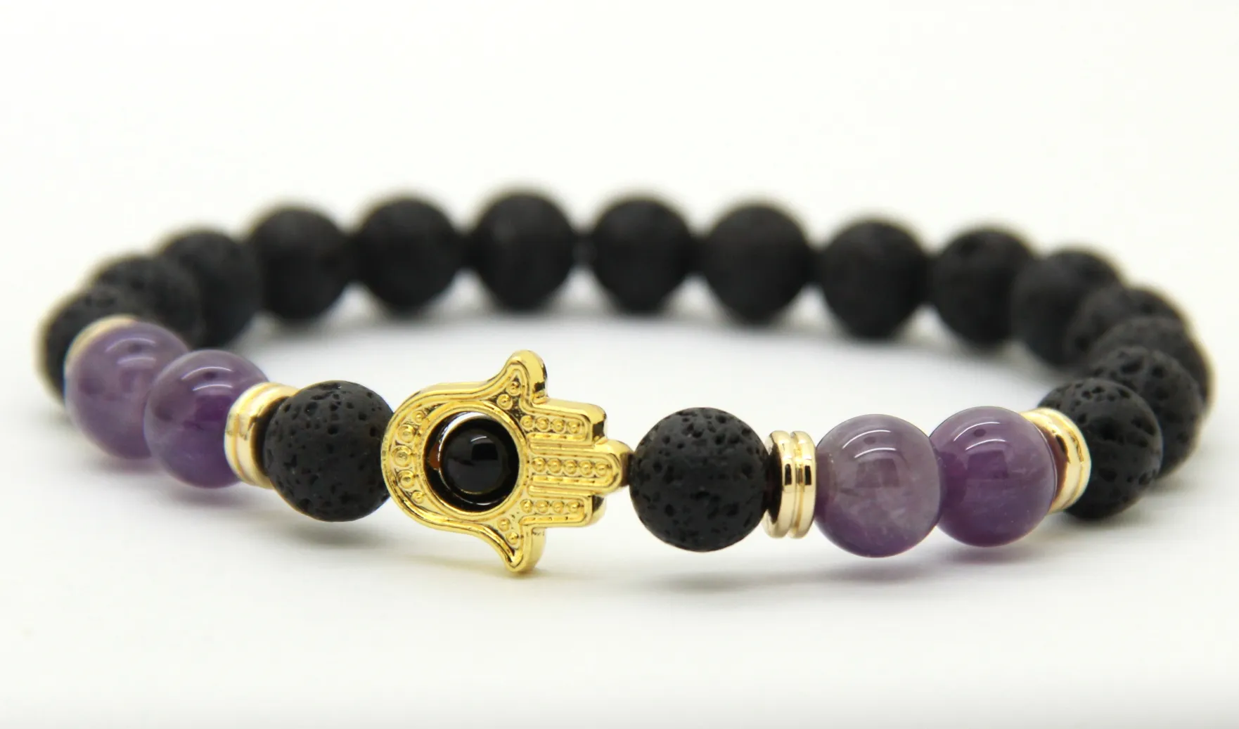 Nieuwe Collectie 8mm Natuurlijke Amethist Lava Rock Stone Kralen Bescherming Hamsa Armbanden Leuke Cadeaus voor mannen en vrouwen197d