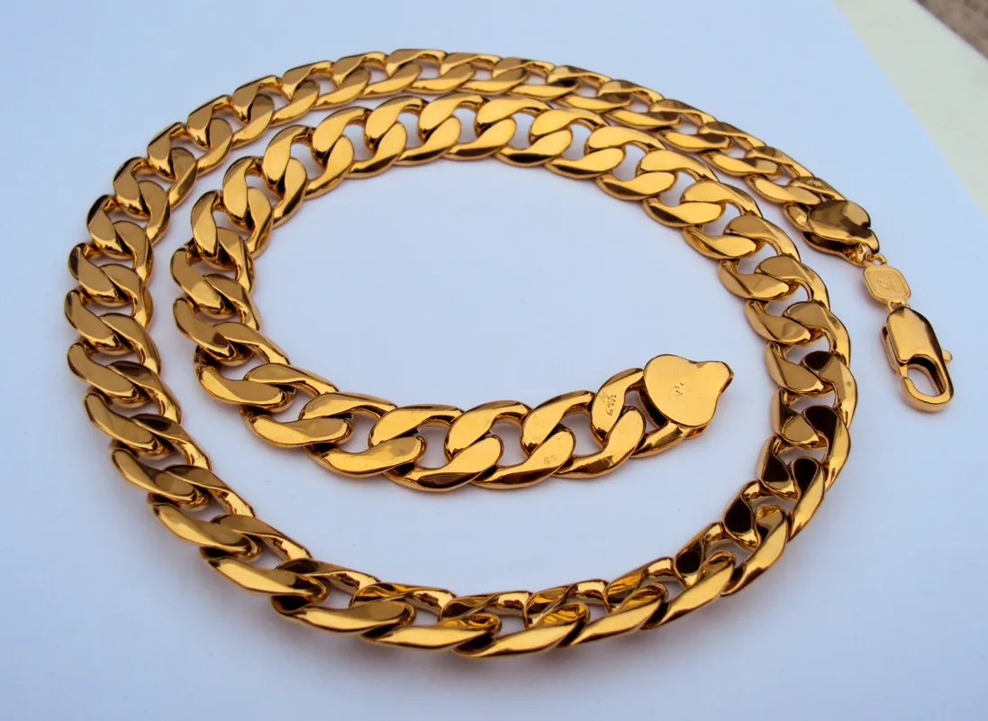 Vångt tungt 108g 24k Stamp Real Yellow Solid Gold 23 6 Men's Necklace 12mm Curb Chain 600mm smycken Mint-Mark Brevbokning 10233S