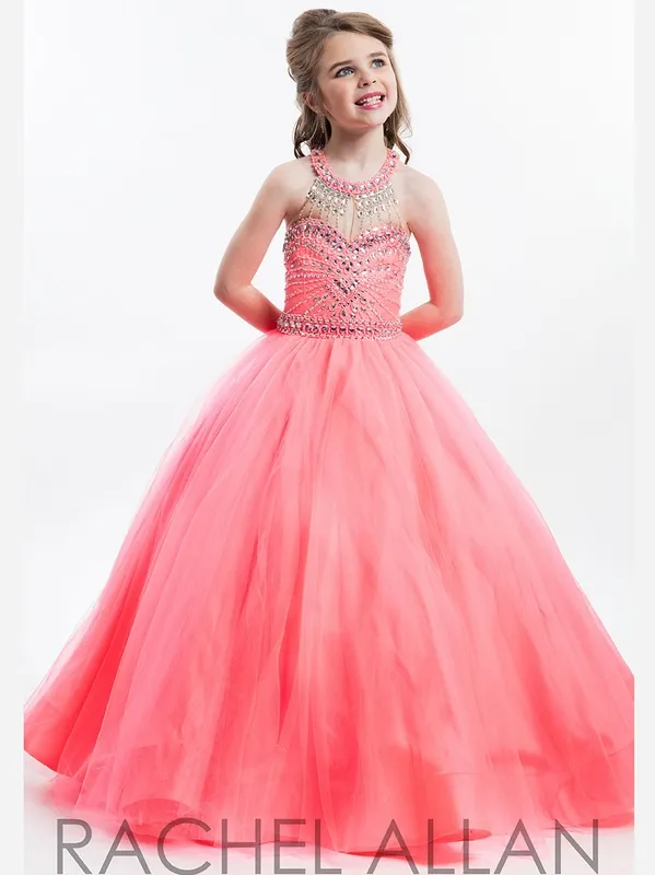2020 New Coral Jade Girls Pageant Dresses Jewel Neck Illusion Crystal Beaded Open Back Long Kids Flower Girls Dress Birthday Communion Gowns