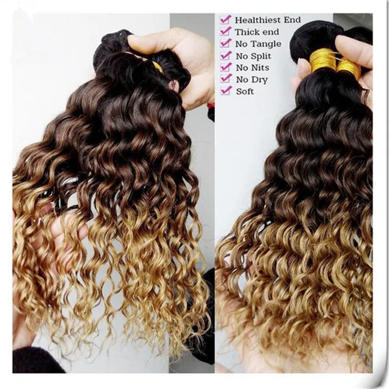 Peruvian Deep Curly Wave 1B/4/27 Honey Blonde Ombre Human Hair Three Tone Human Hair Weave Cheap Peruvian Human Hair Bundles