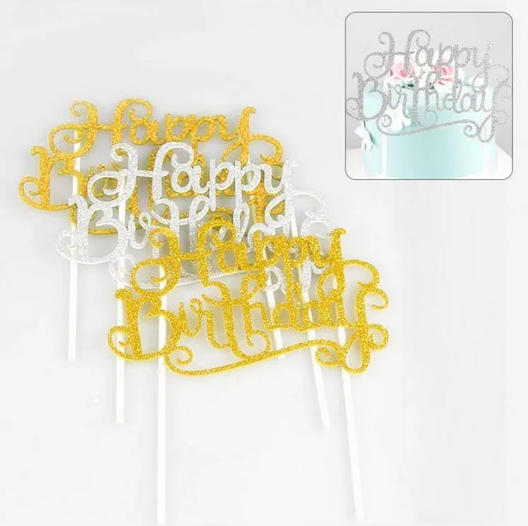 Glitter Happy Birthday Flag Cake Topper Decoration Party Favors Sticker Decor Banner Card Birthday Cake Accessory 100st G1036308U