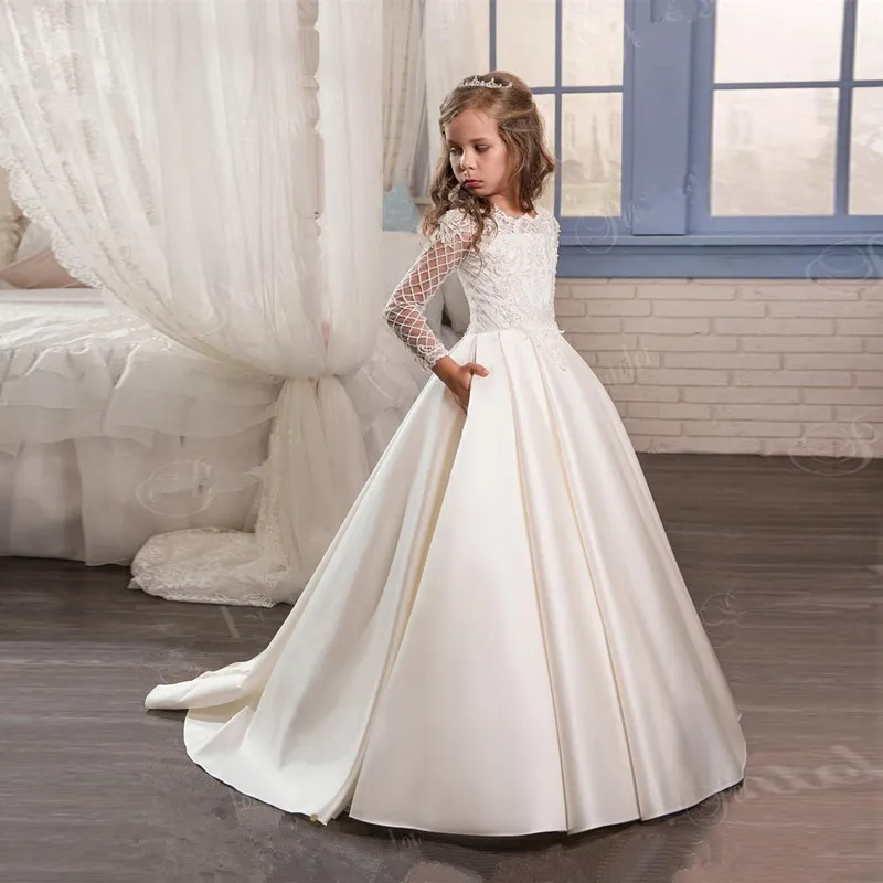 long sleeves floor llength stain cute kids formal wear applique jewel flower girl dresses little girl dresses