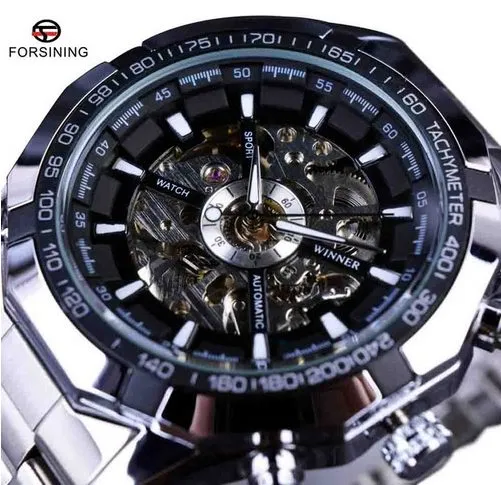 Forsining relógios masculinos marca superior de luxo preto automático esqueleto mecânico relógio masculino esporte designer moda casual clo296s