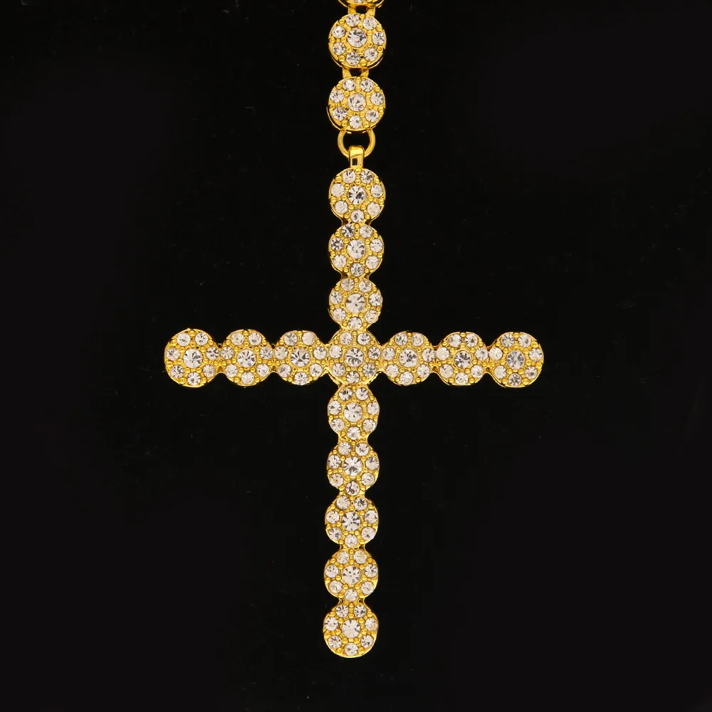 2017 Nowy moda Hip Hop Gold Pełna CZ lodowa mrożona Jezus Face Cross Piece 79 cm Naszyjnik różańca dla mężczyzn i kobiet biżuteria 2009