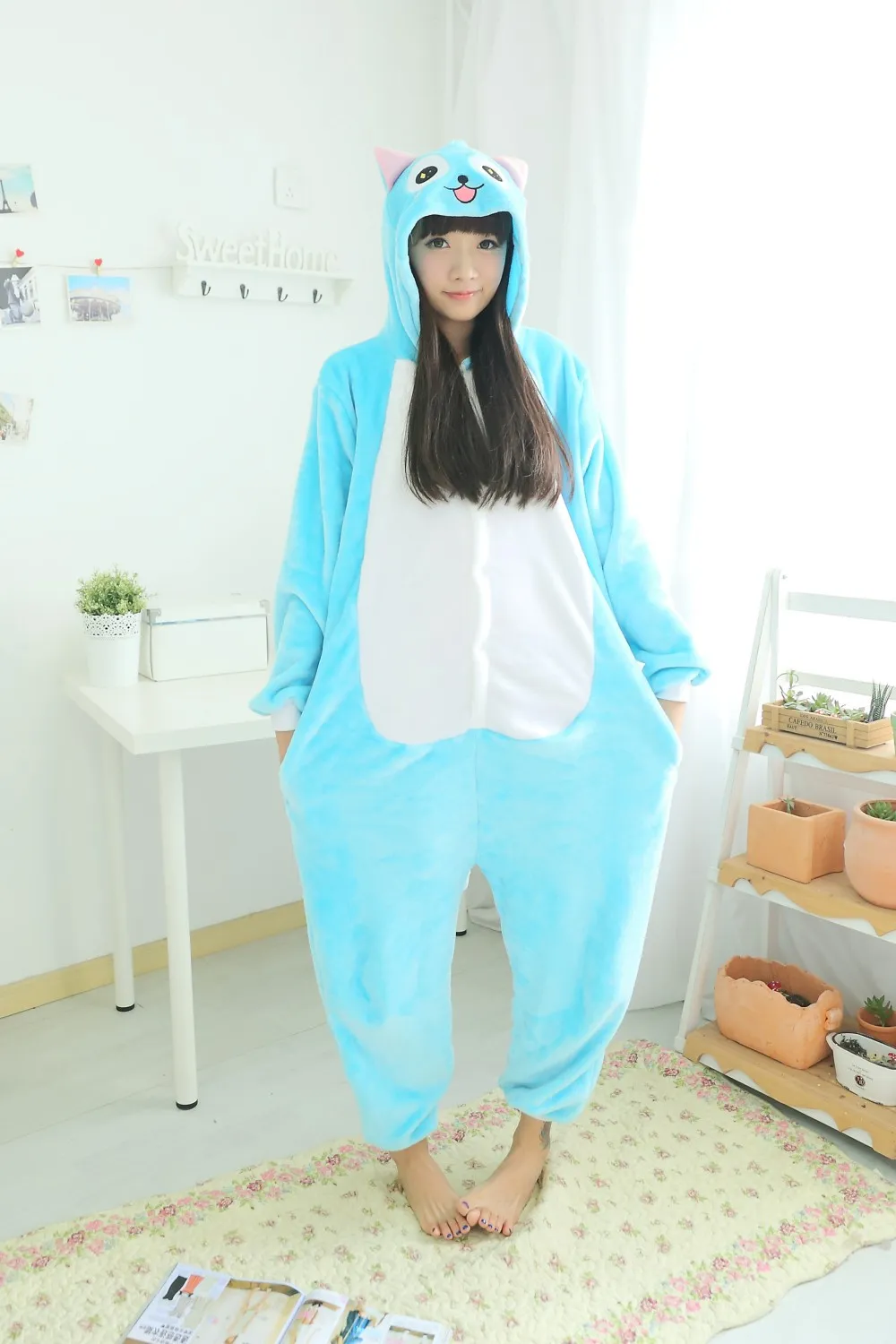 Flanela anime cauda de fadas gato feliz onesie adulto crianças dos desenhos animados cosplay traje feminino pijamas adulto gato azul onesies jumpsuit274r