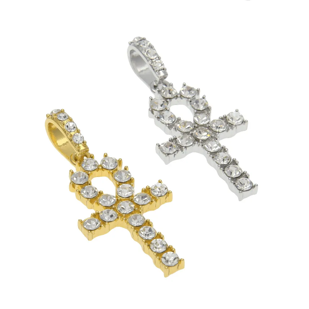 Collane a chiave ankh egiziana Mens Bling Gold Gold Catena Rinastones Crystal Cross Iced Out Ciondolo il rapper femminile Hip HO248A