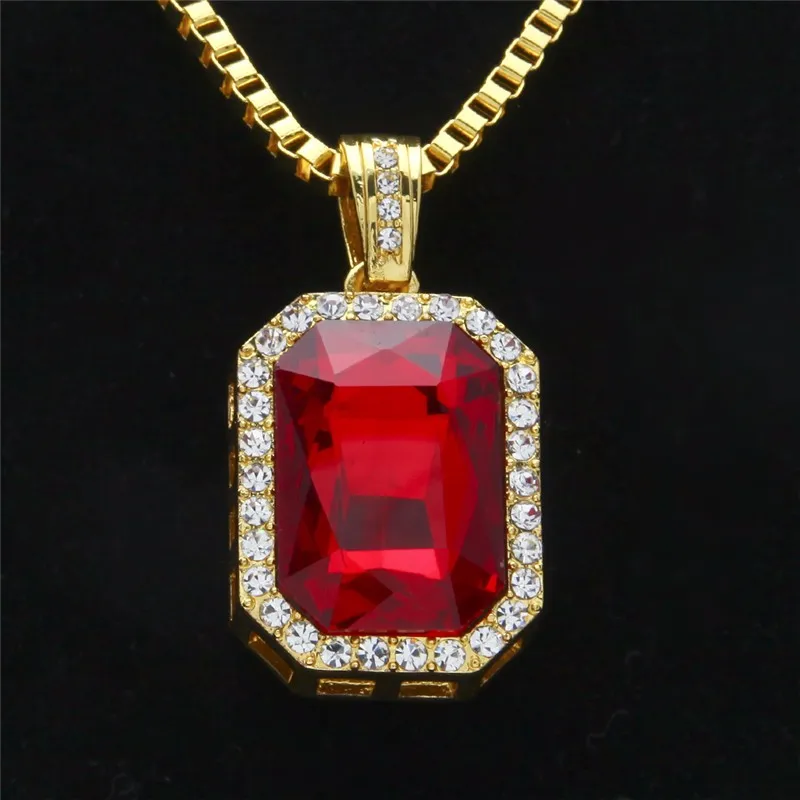 Micro Ruby Red Black Square Pendant Set 2 4mm 24 Box Chain Gold Tone Iced Out Necklace Hiphop Gold Chains for Men Women277s