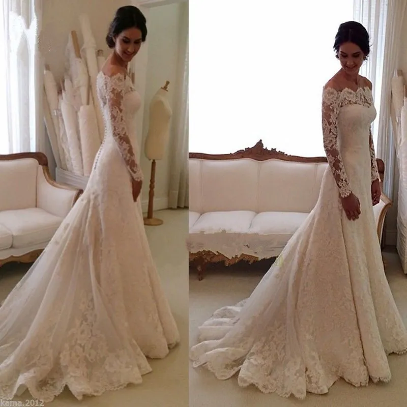 2021 Elegant White Vintage Long Sleeves Lace Mermaid Wedding Dresses Sweetheart Wedding Party Dress Bridal Gowns