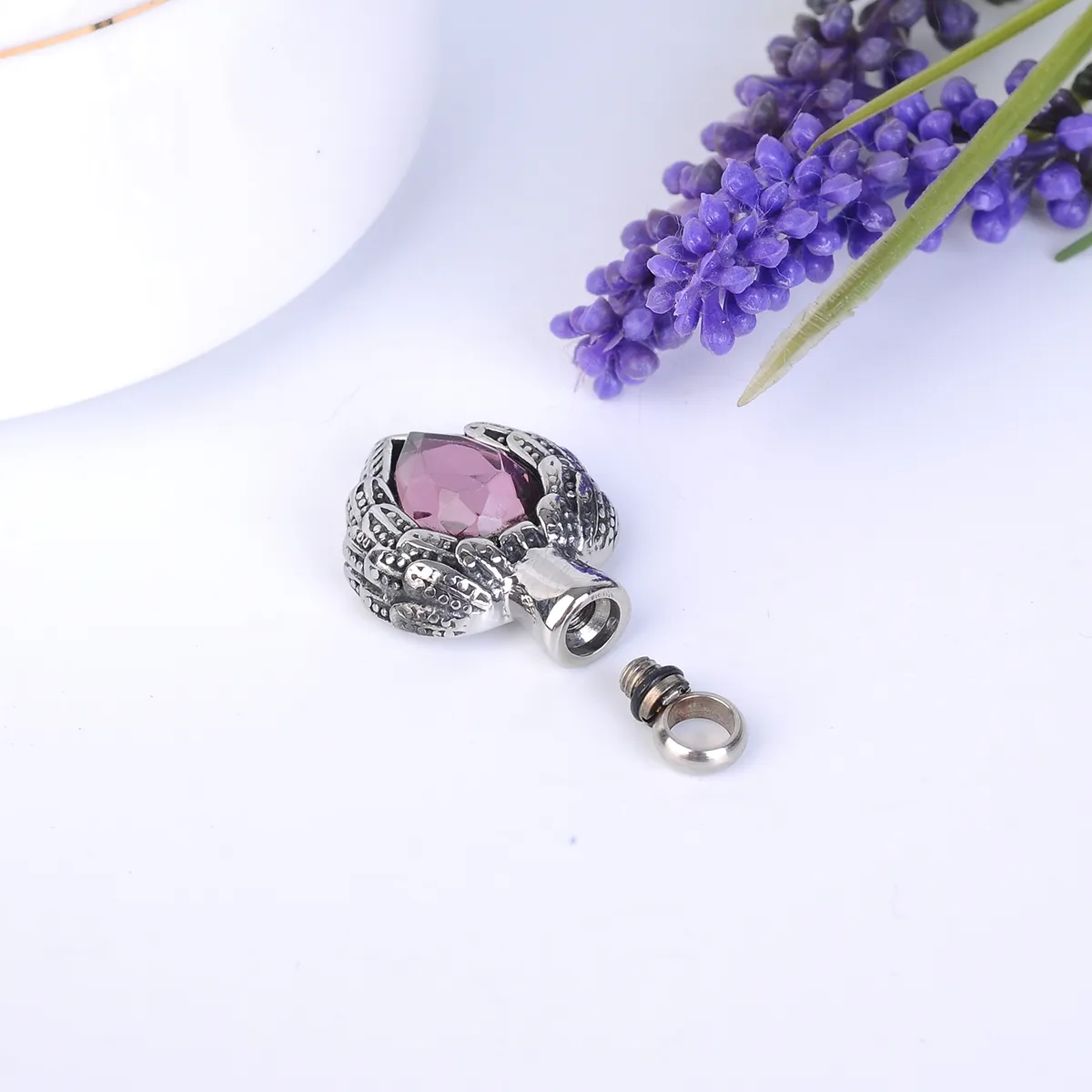 Colar de urna roxo birthstone asa coração pendente