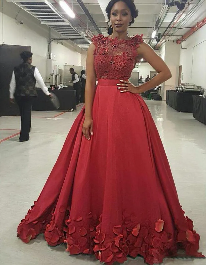 Gorgeous Red Sheer Applique Beads Prom Dresses 2017 Sleeveless A Line Rose Petals Floor Length Evening Gowns South African Party Dresses