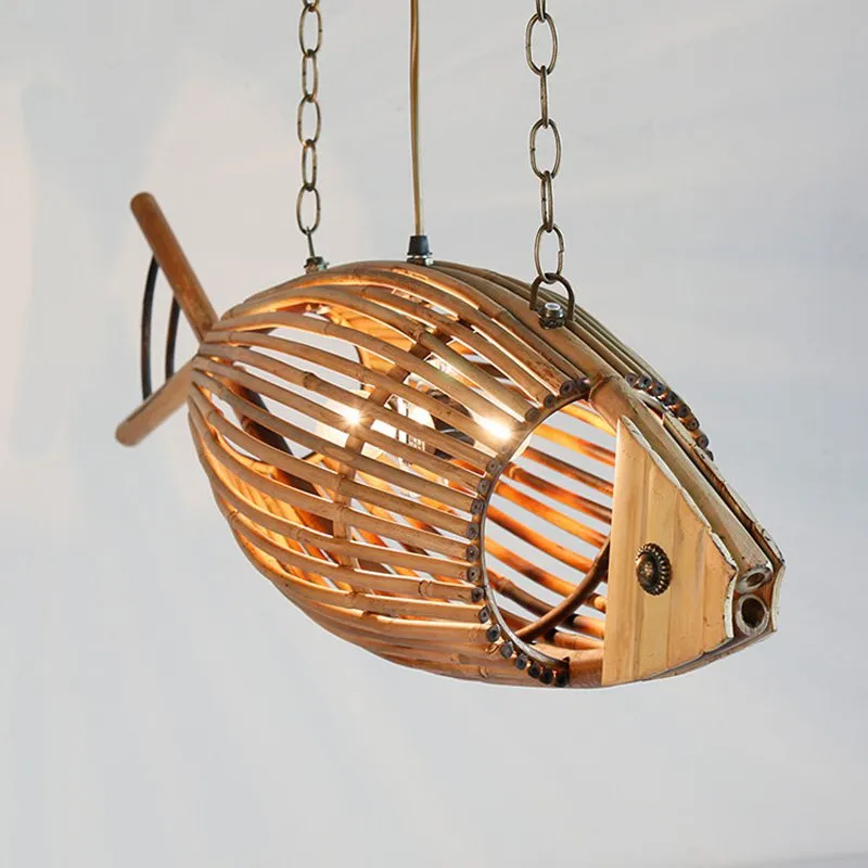 Bamboo Wood Fish Pendant Light Originality Dining Room Hanging Lamp Retro Rural Restaurant Cafe Bar Lighting Fixtures Personality 315x