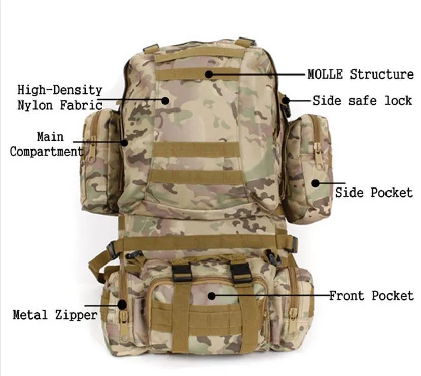 55 l Outdoor Sport 3D Molle 600D Wojskowy nylonowy Wearproof Tactical Plecak Camping Toraking Purging Bainteering Wymaganie 228m