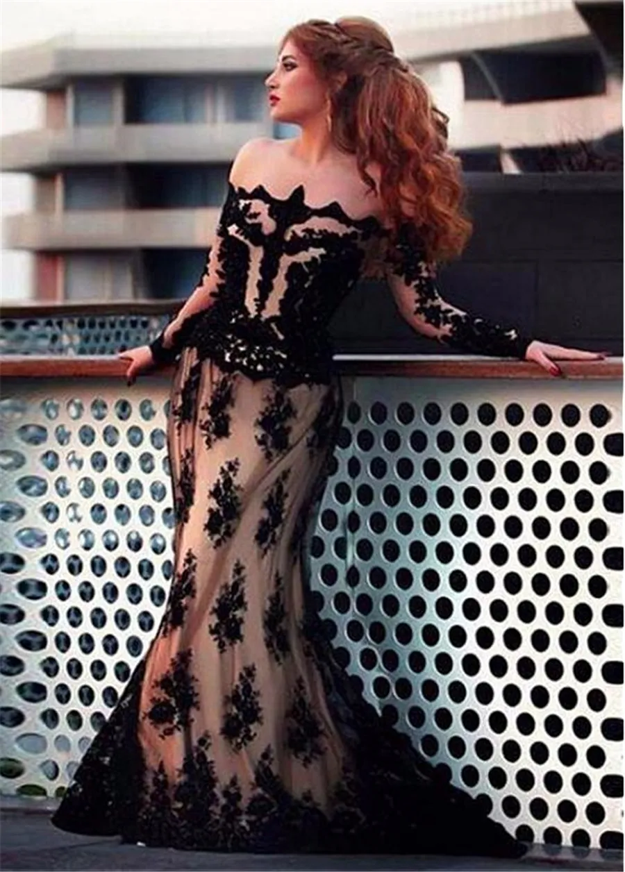 Off-the-Shoulder Neckline A-line Evening Dresses With Lace Appliques Black Long Sleeves Prom Dress Illusion Back Party Dresses