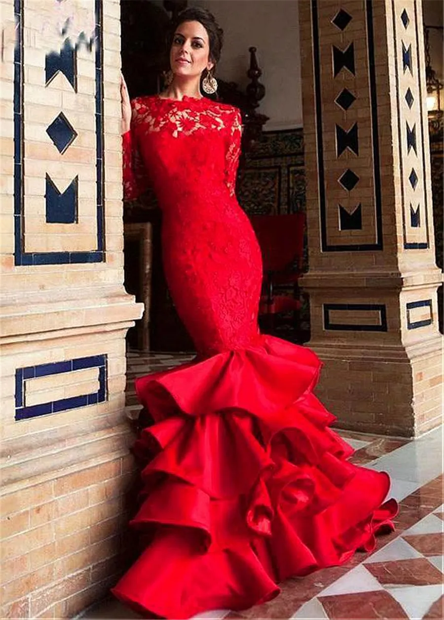 Jewel Neckline Ruffled Mermaid Evening Dresses With Long Sleeves Lace and Satin Ruffled Skirt Red Prom Dress vestidos longos de festa