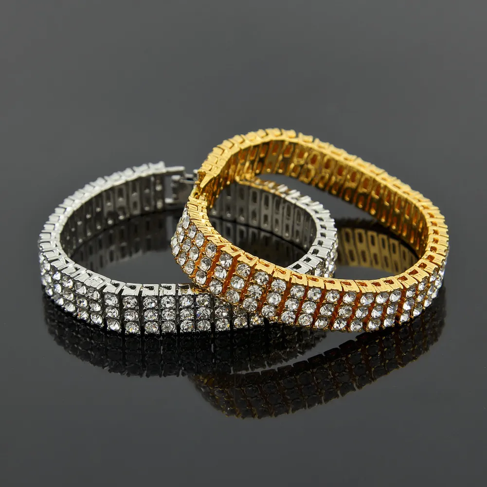 Män svart guld silver finish 3 rad diamant simulera armband 8 tum 12mm strass i is ut hiphop bling ewelry204n