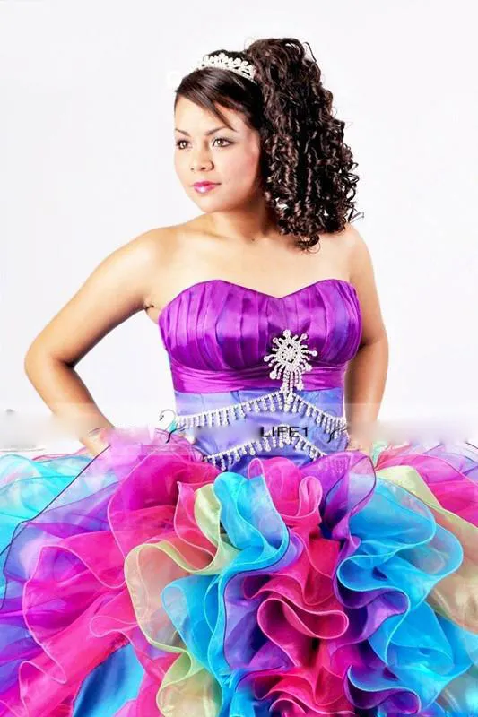 Luxury Rainbow Quinceanera Dresses Crystal Tiered Ruffles Prom Gowns Beaded Sweep Train Plus Size Formal Pageant Dress