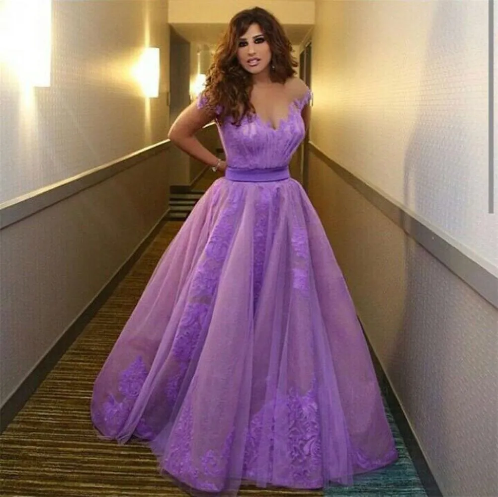 Delicate Off-the-shoulder Tulle Princess Prom Dress With Appliques Lilac Evening Gowns vestido longo azul New Fashion