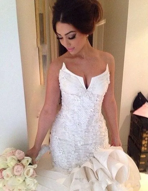 2020 New Luxury Arabic Mermaid Wedding Dresses Sweetheart Lace Appliques Ruffles Long Chapel Train Organza Plus Size Formal Bridal Dress
