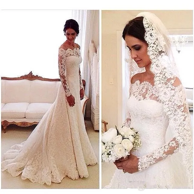 2016 Cheap Modest A Line Wedding Dresses Off Shoulder Long Sleeves Lace Appliques Long Court Train Vestidos Plus Size Formal Bridal Gowns