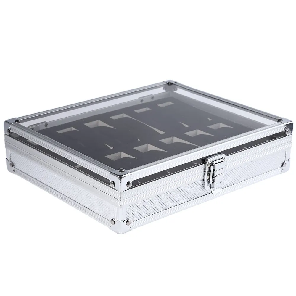 Caja de reloj para hombres Plata 12 Rejilla Joyería Relojes de pulsera Colección de exhibición Caja de almacenamiento Caja de aluminio Caja de reloj Vidrio transparente 226i