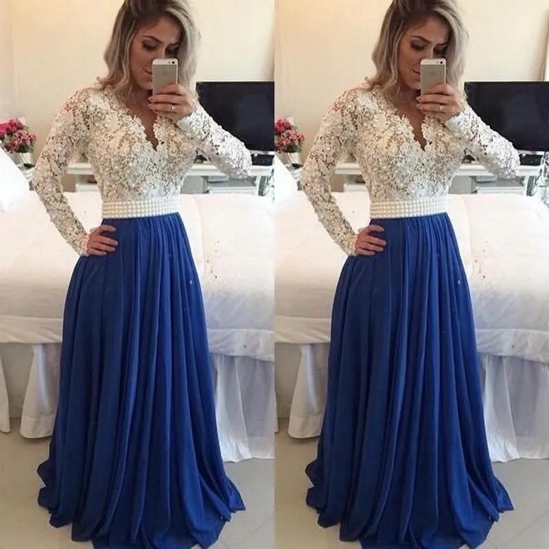 Long Sleeves Lace Pearls Chiffon Prom Dresses V Neck A Line White and Blue Evening Gown